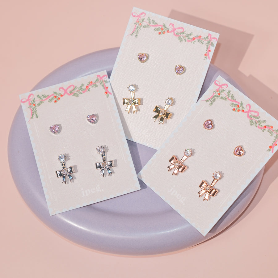 bow and heart earring set (brass)